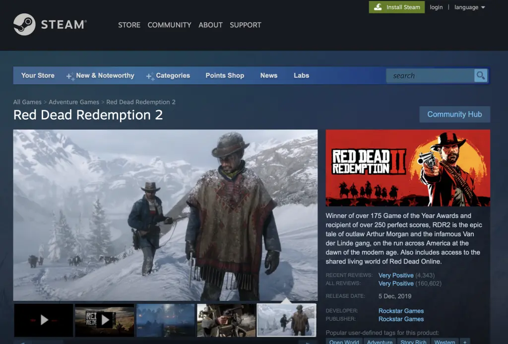 red dead redemption 2 steam page
