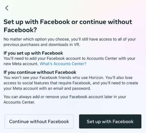 continue without facebook or set up with facebook