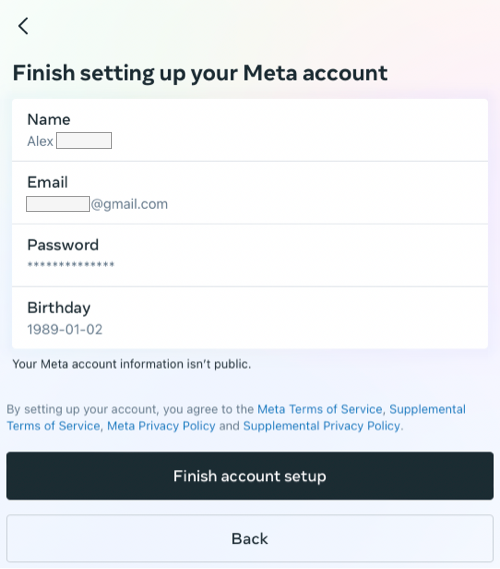 finish setting up your meta account