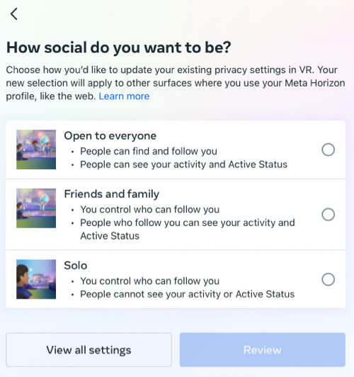 select meta account social settings