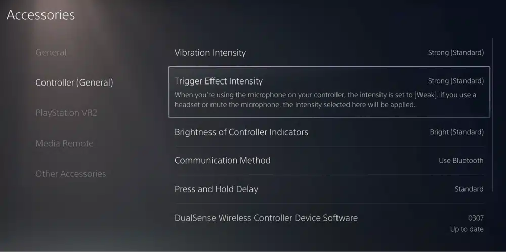 best playstation vr2 settings trigger effect intensity