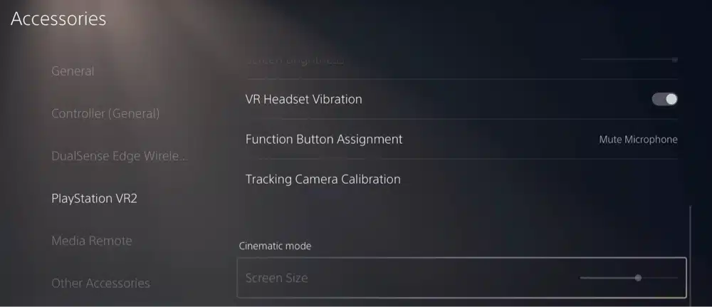 playstation vr2 settings cinematic mode screen size
