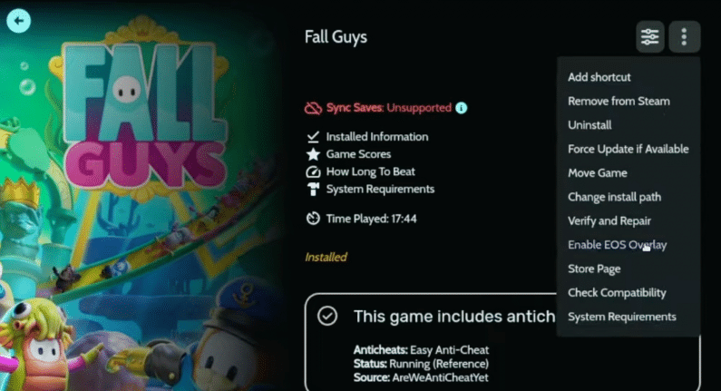 fall guys on the steam deck enable EOS overlay
