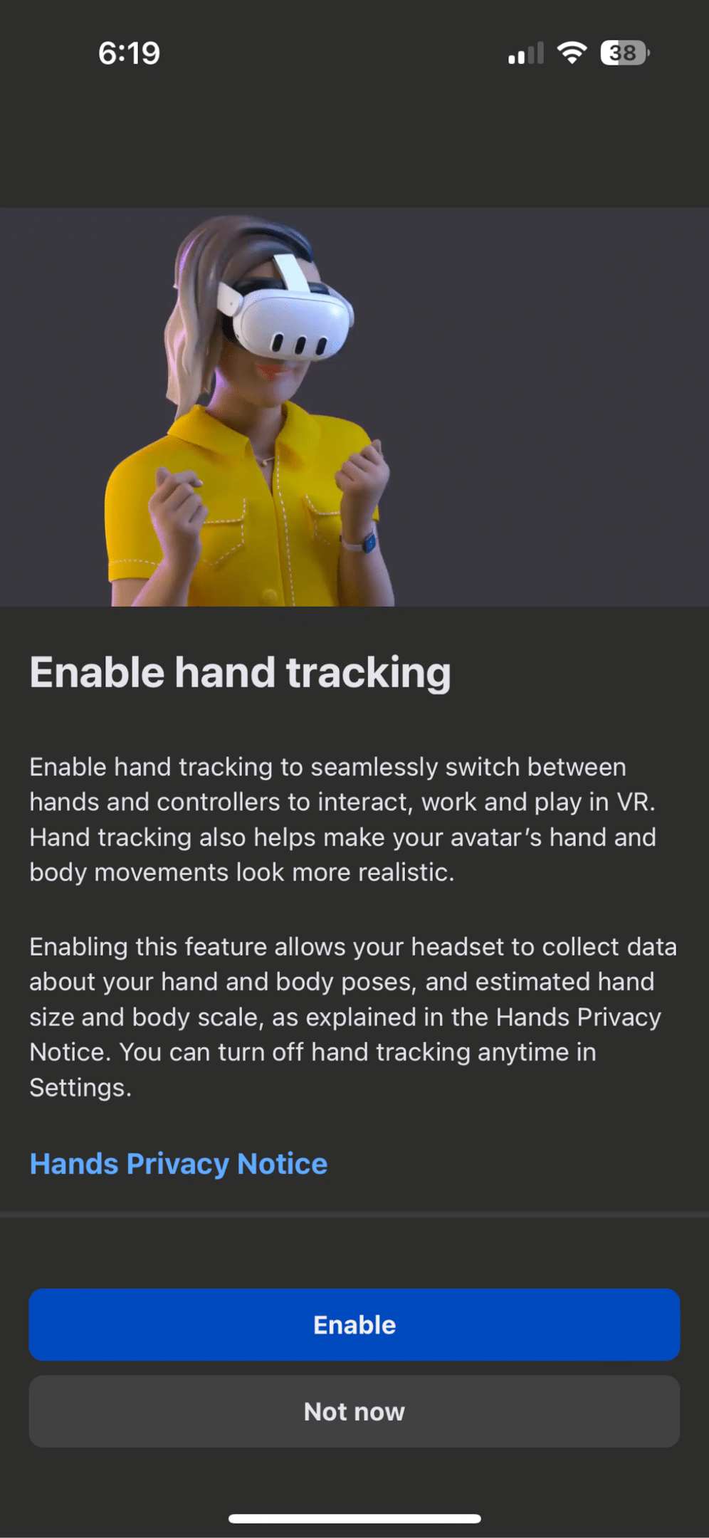 meta quest 3 enable hand tracking