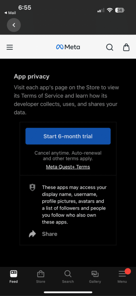 start free six month trial of meta quest+