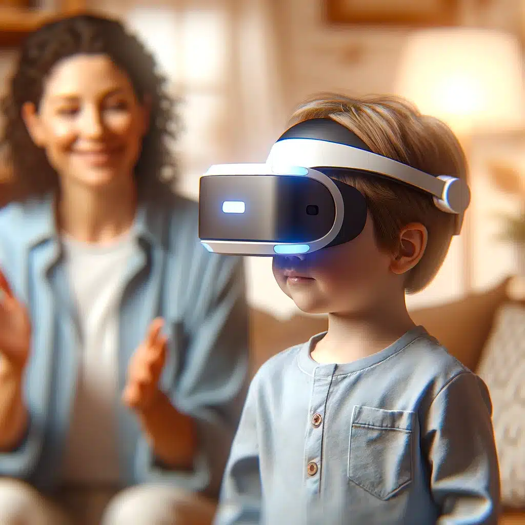 A child wearing a VR headset with a parent nearby