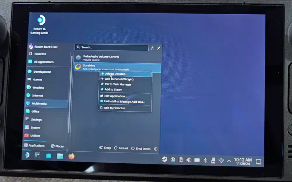 add sunshine app to desktop to connect steam deck to a tv