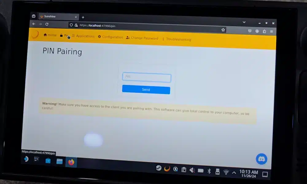 sunshine on steam deck pin pairing